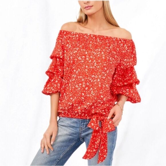 Vince Camuto Off-The-Shoulder Bubble-Sleeve Orange and White Top  Size Large - Picture 1 of 9
